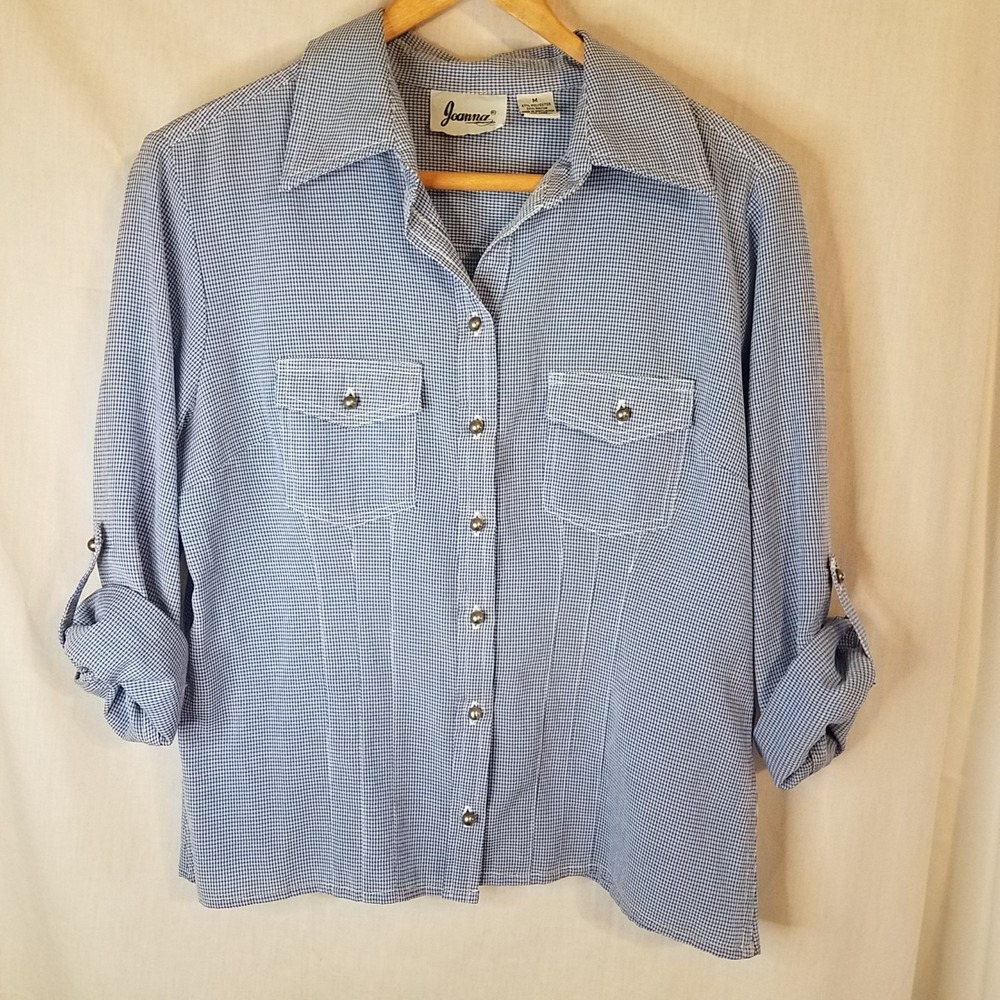 Joanna Royal Blue Houndstooth Blouse Collar Button Front Roll‎ Tab Sleeve M Vtg